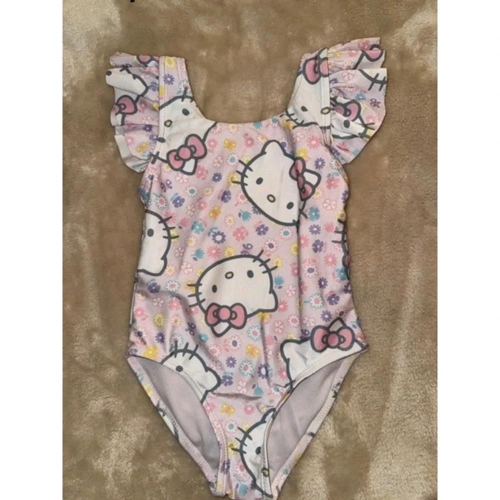 Hello Kitty Sanrio Toddler Girls Pink Floral Ruffle One Piece Swimsuit 2T (E)